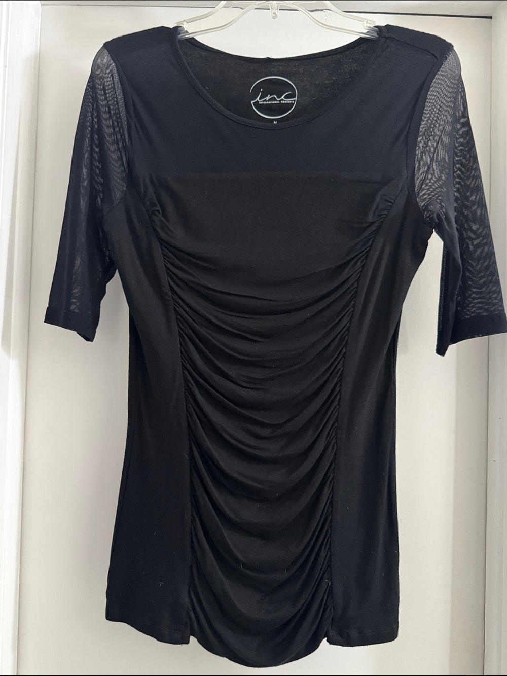 INC International Concepts Black Ruched Front Short-Sleeve Top